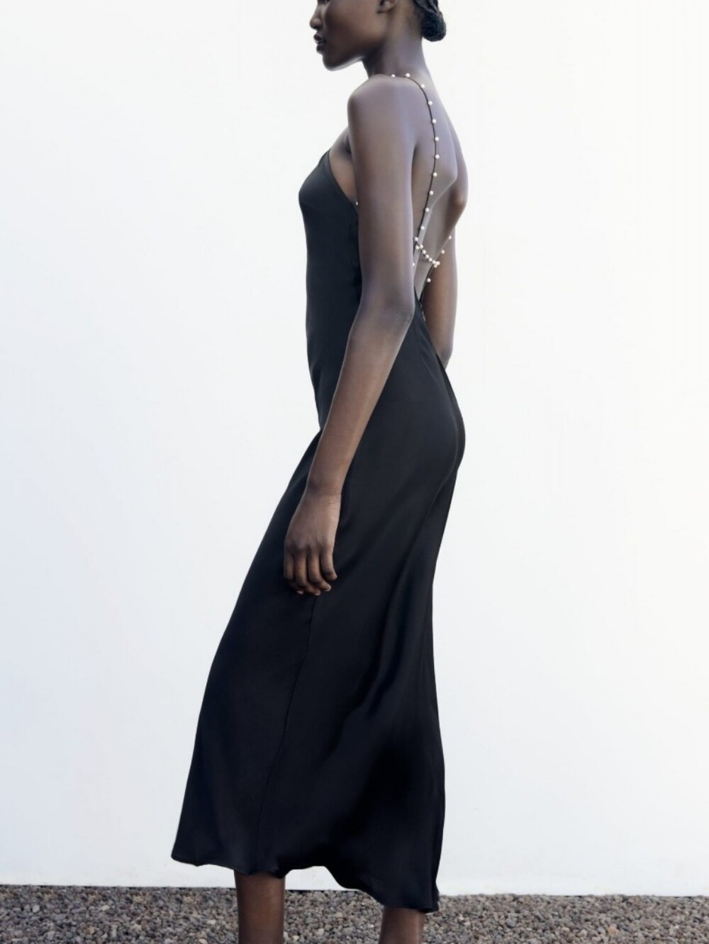 ISO Black Slip Midi Dress with Pearl Strap Detail